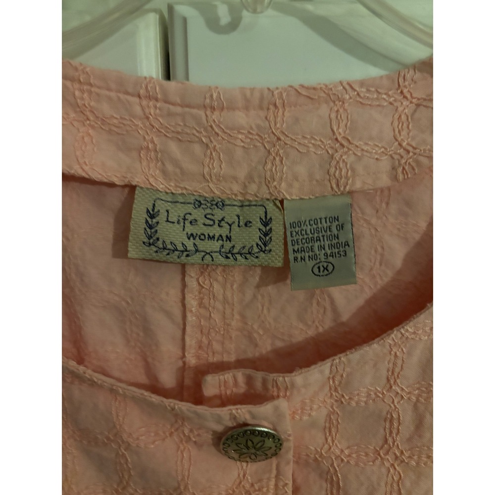 Life Style Woman Pink Cotton Embroidered Button Front Jacket 3/4 Sleeve Size 1X - Picture 4 of 8